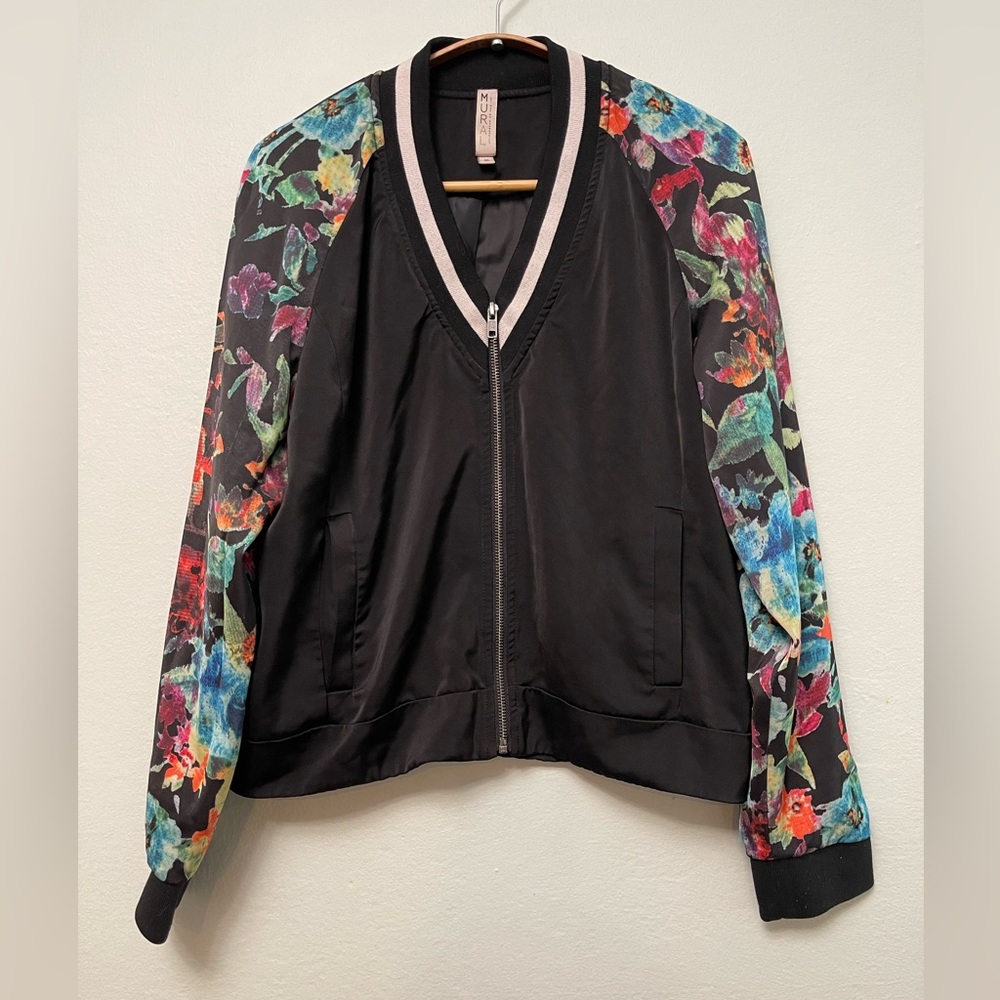 Mural Floral Bomber Jacket, Black Sz M